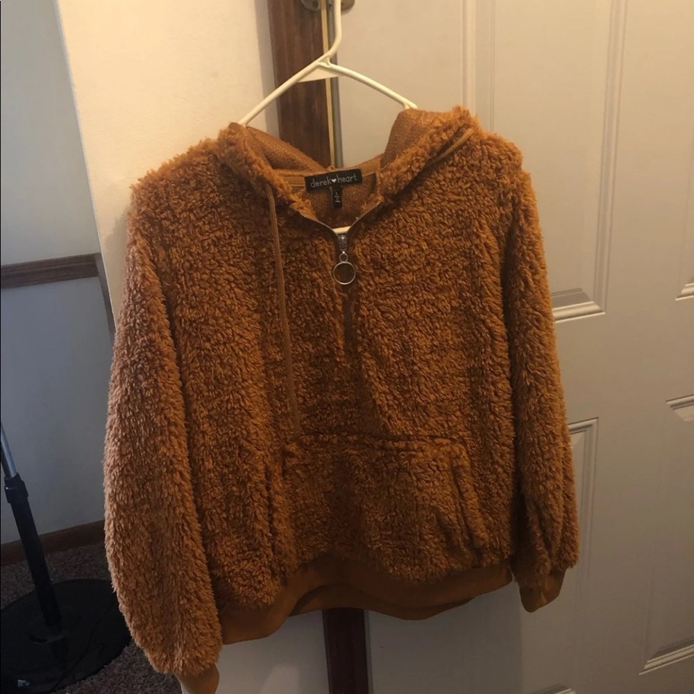 Brown half zip fuzzy hoodie